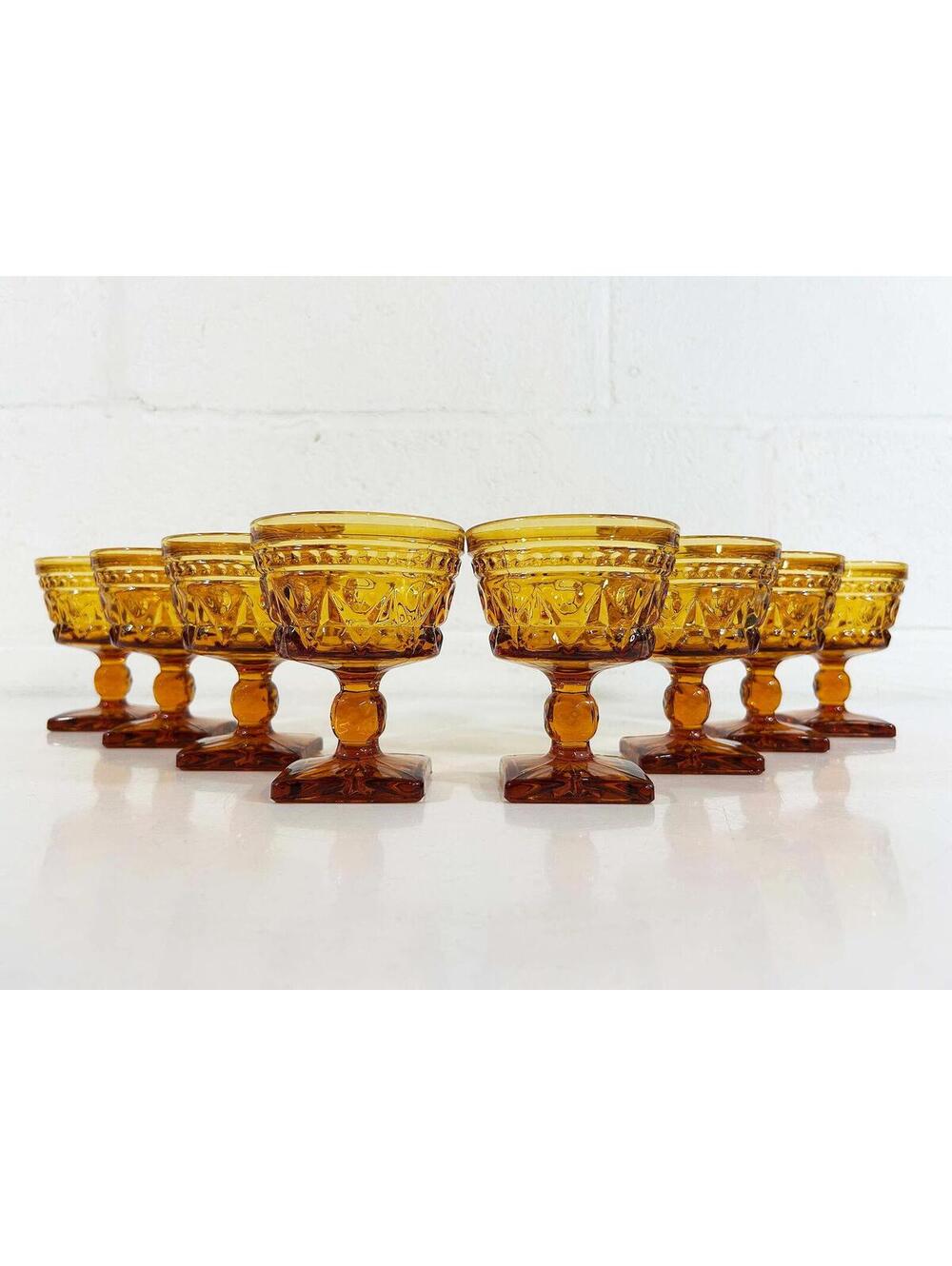 Vintage Amber Coupe Glasses Set of 8 Goblet Indiana Glass Champagne 1970s